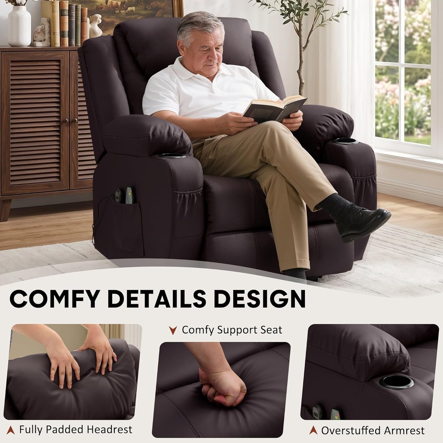 image:imageKorser Oversized Power Lift Recliner Chair with Massage and Heat for Elderly 26 Overstuffed Wide Electric Recliner with 2 Side Pockets Cup Holders Lift Chair for Living Room Faux Leather BrownLuxury Brown