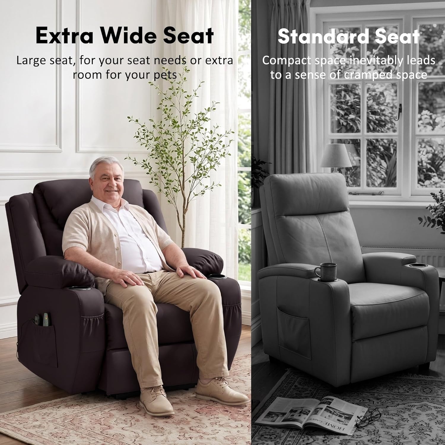 image:imageKorser Oversized Power Lift Recliner Chair with Massage and Heat for Elderly 26 Overstuffed Wide Electric Recliner with 2 Side Pockets Cup Holders Lift Chair for Living Room Faux Leather BrownLuxury Brown