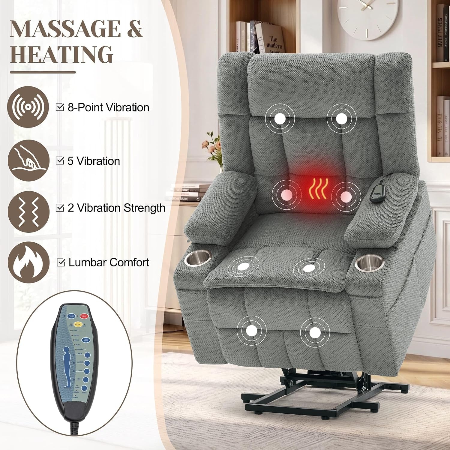 image:imageKorser Power Lift Recliner Chair with Massage and Heat for Elderly Electric Lift Recliner for Adults with 2 Cup Holders 2 Side and 2 Front Pockets Lift Chairs Recliners for Living Room KhakiLightgray