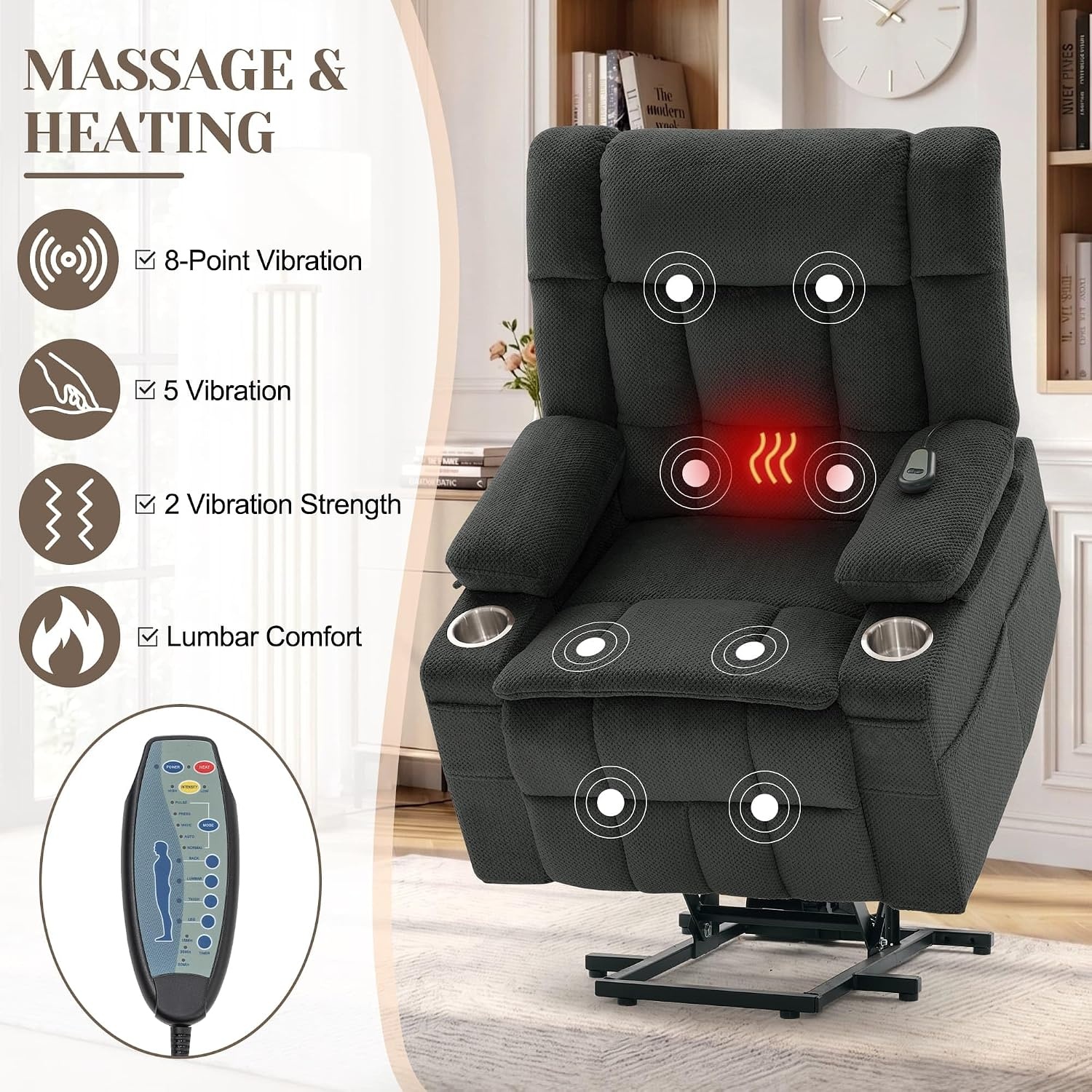 image:imageKorser Power Lift Recliner Chair with Massage and Heat for Elderly Electric Lift Recliner for Adults with 2 Cup Holders 2 Side and 2 Front Pockets Lift Chairs Recliners for Living Room KhakiDarkgray