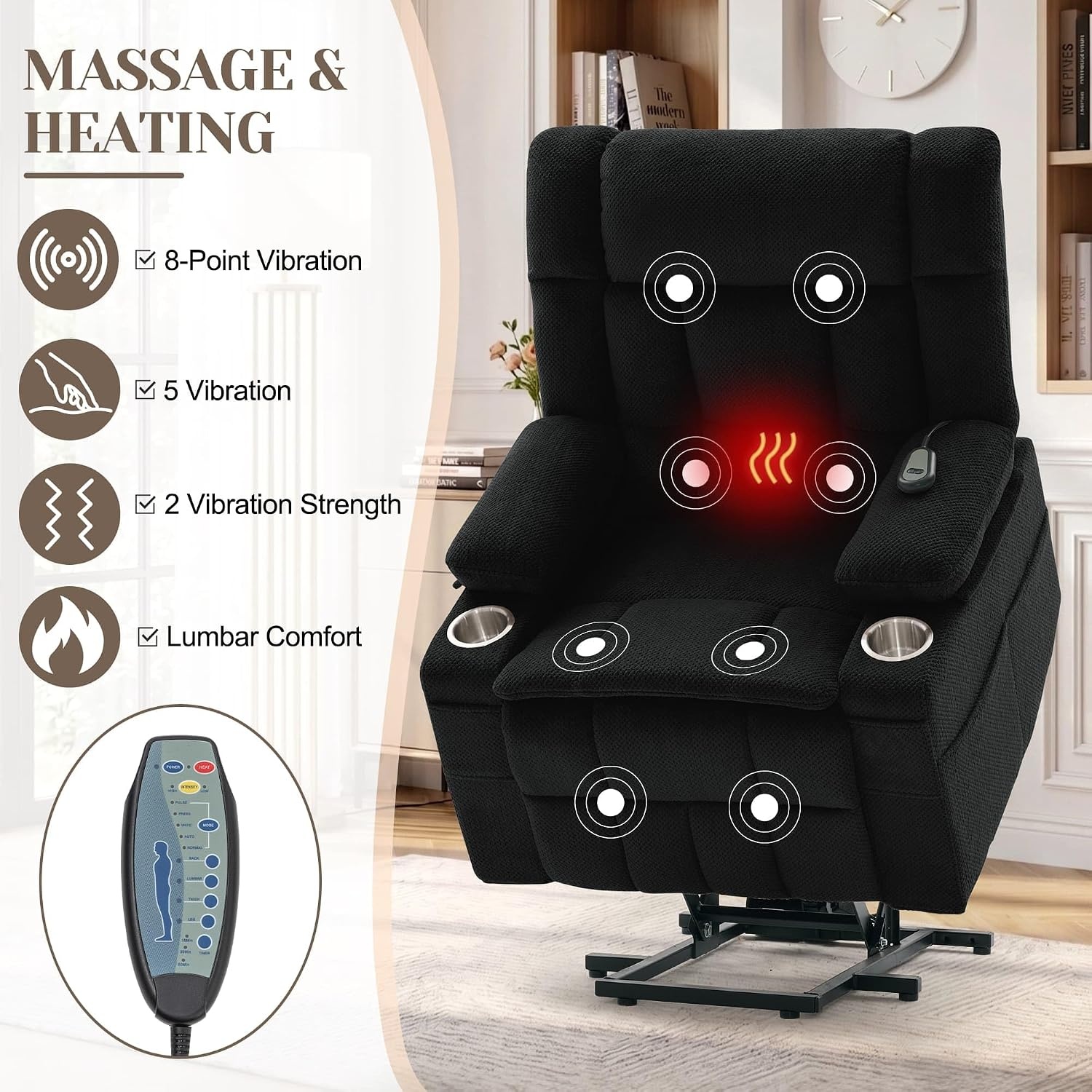 image:imageKorser Power Lift Recliner Chair with Massage and Heat for Elderly Electric Lift Recliner for Adults with 2 Cup Holders 2 Side and 2 Front Pockets Lift Chairs Recliners for Living Room KhakiBlack