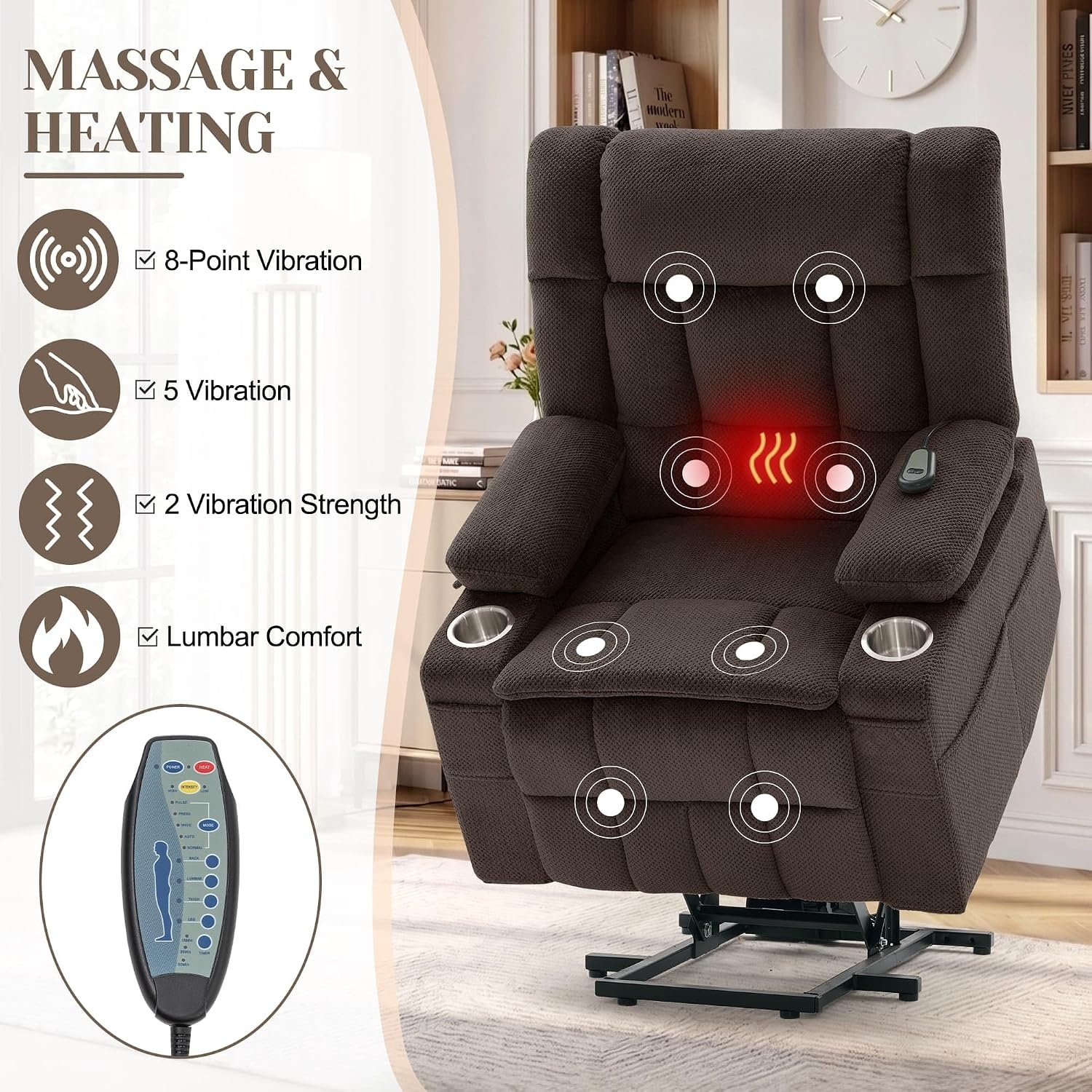 image:imageKorser Power Lift Recliner Chair with Massage and Heat for Elderly Electric Lift Recliner for Adults with 2 Cup Holders 2 Side and 2 Front Pockets Lift Chairs Recliners for Living Room KhakiBrown