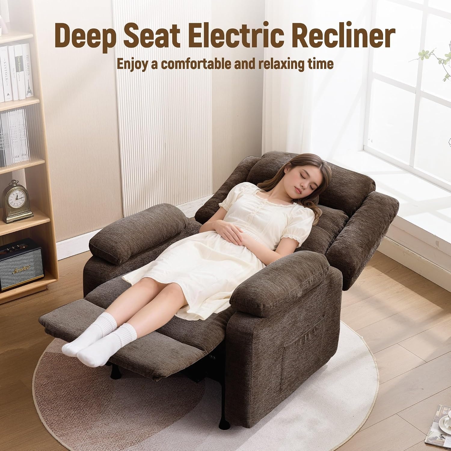 image:imageKorser Power Recliner Chair Living Room Chairs for Adults Oversized Electric Recliner with Side Pockets Chenille Fabric Reclining Chair for Living Room BedroomDarkbrown2
