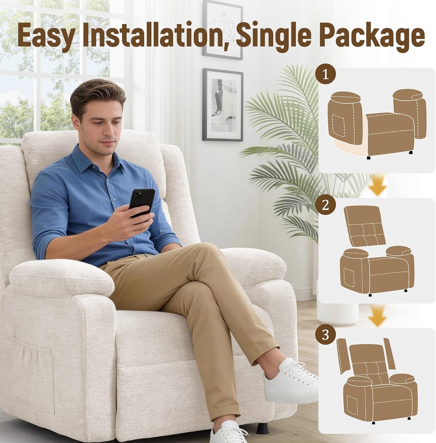 image:imageKorser Power Recliner Chair Living Room Chairs for Adults Oversized Electric Recliner with Side Pockets Chenille Fabric Reclining Chair for Living Room BedroomWhite2