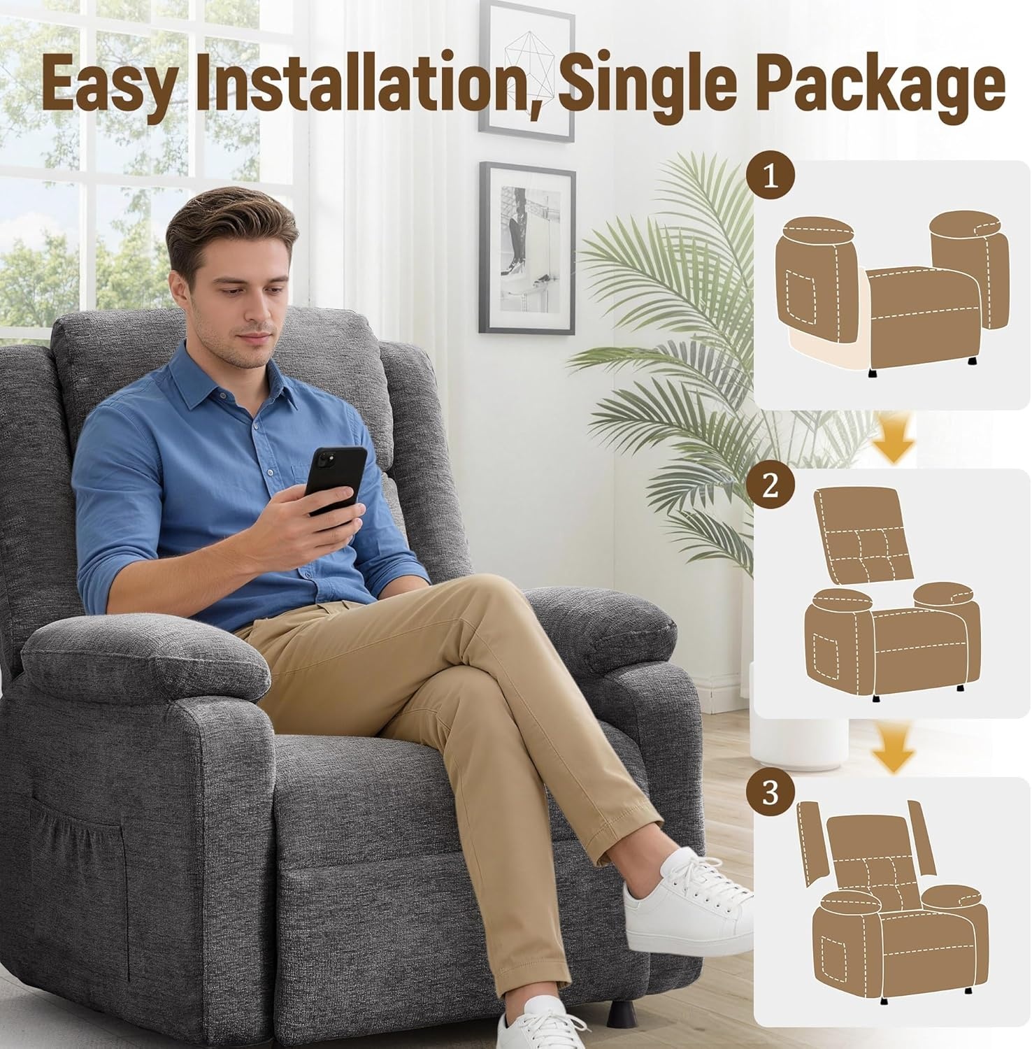image:imageKorser Power Recliner Chair Living Room Chairs for Adults Oversized Electric Recliner with Side Pockets Chenille Fabric Reclining Chair for Living Room BedroomGrey0