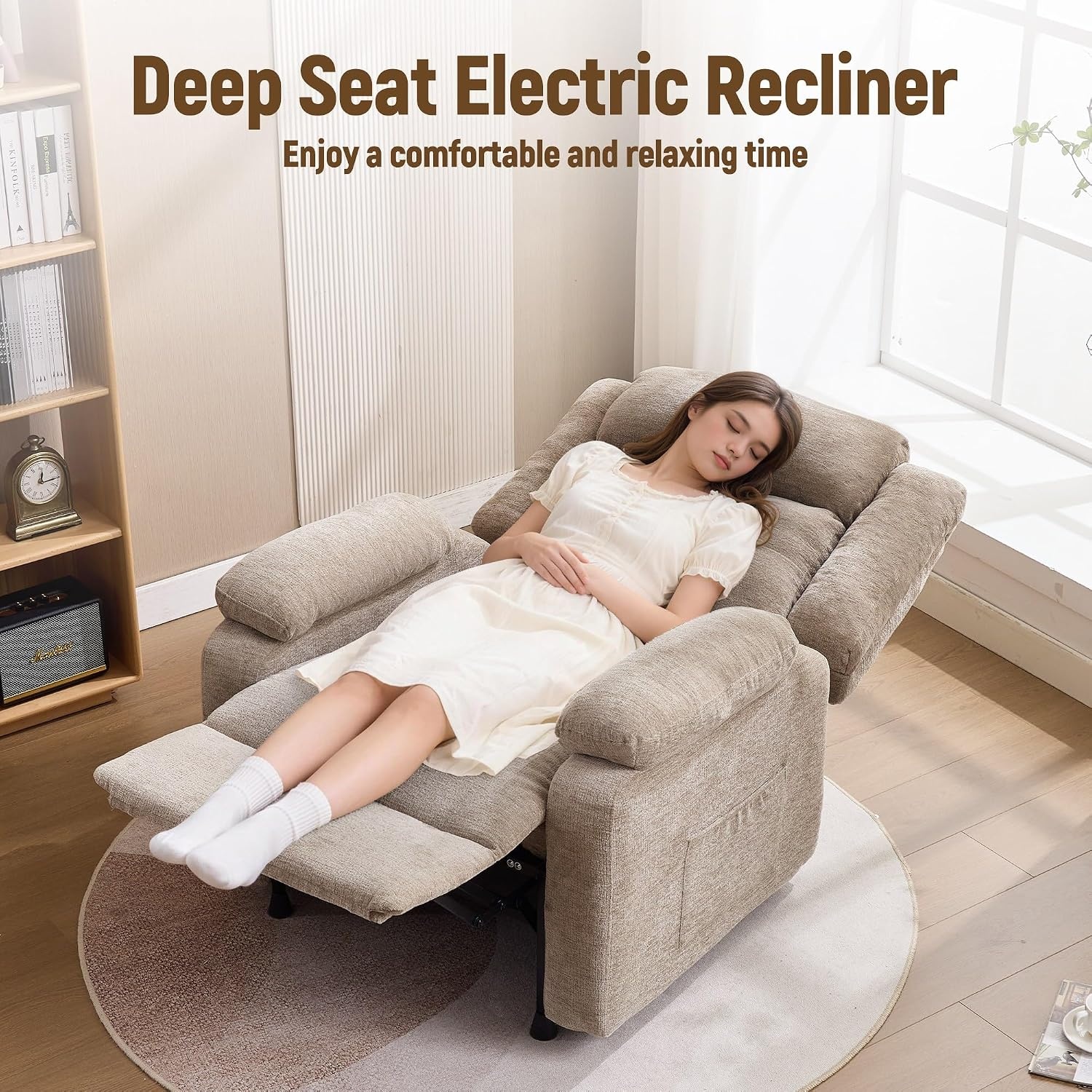 image:imageKorser Power Recliner Chair Living Room Chairs for Adults Oversized Electric Recliner with Side Pockets Chenille Fabric Reclining Chair for Living Room BedroomCamel2