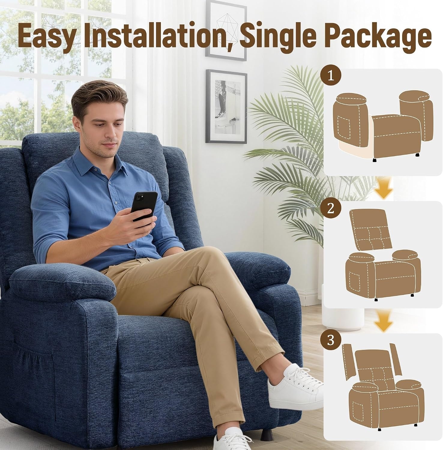image:imageKorser Power Recliner Chair Living Room Chairs for Adults Oversized Electric Recliner with Side Pockets Chenille Fabric Reclining Chair for Living Room BedroomBlue4