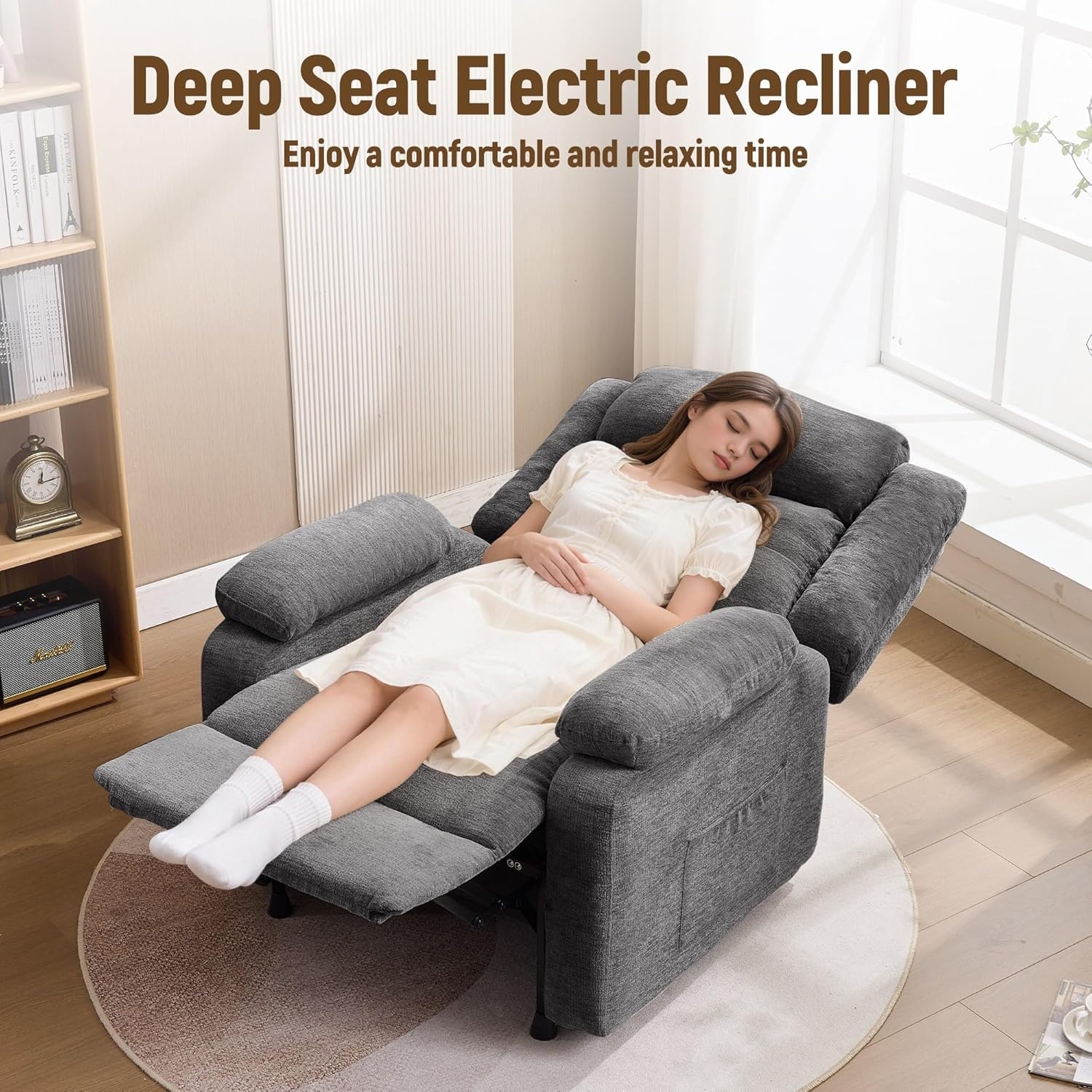 image:imageKorser Power Recliner Chair Living Room Chairs for Adults Oversized Electric Recliner with Side Pockets Chenille Fabric Reclining Chair for Living Room BedroomGrey0