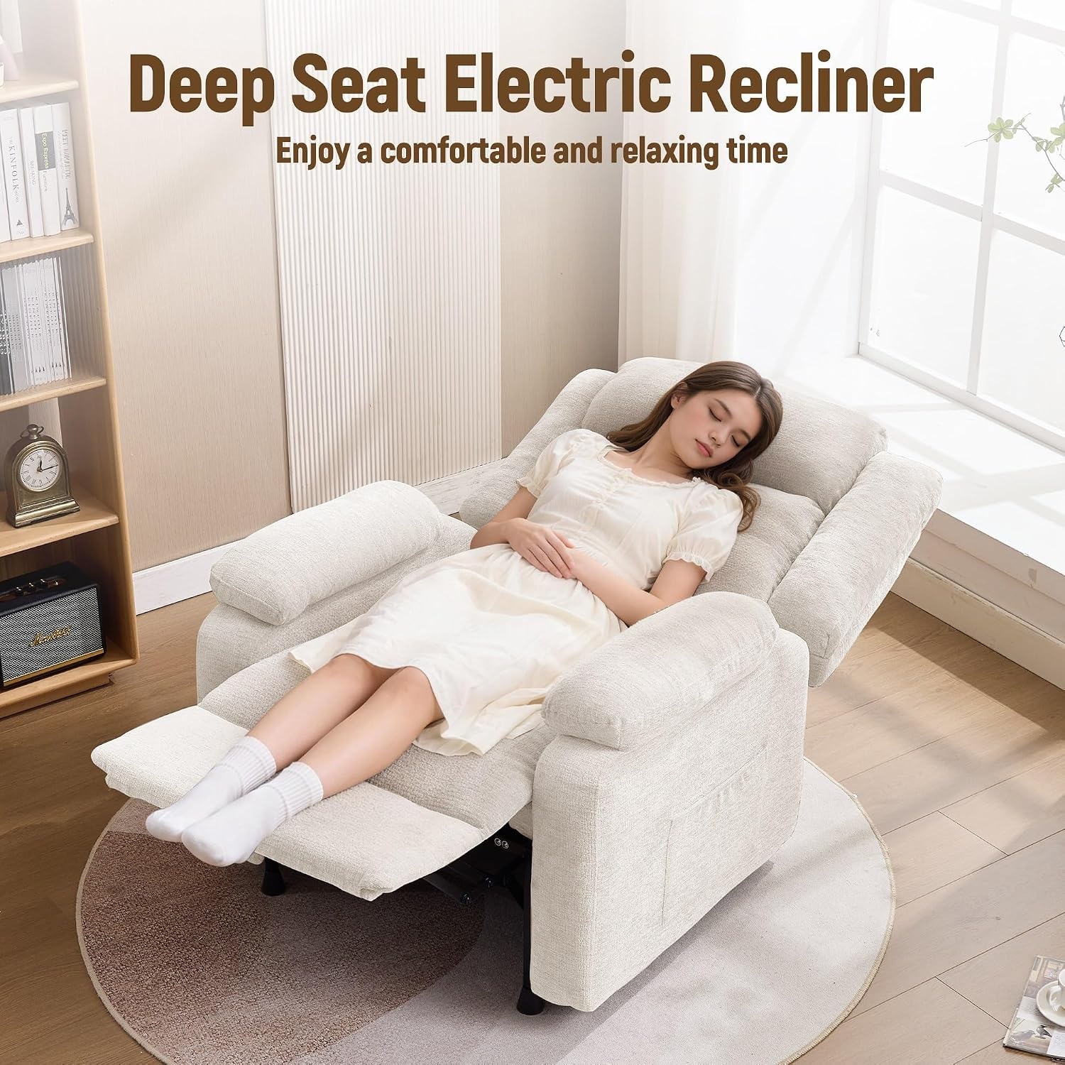 image:imageKorser Power Recliner Chair Living Room Chairs for Adults Oversized Electric Recliner with Side Pockets Chenille Fabric Reclining Chair for Living Room BedroomWhite2