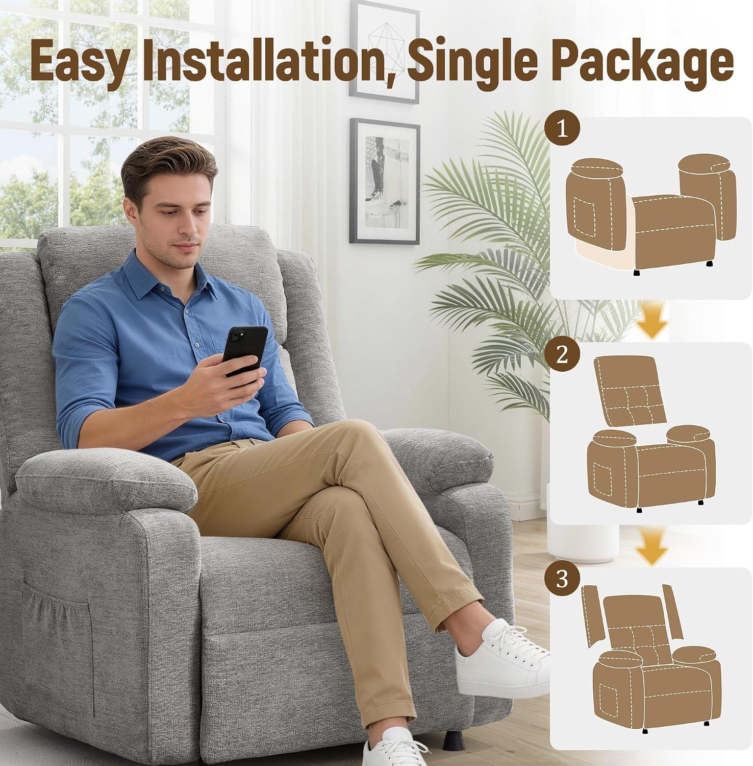 image:imageKorser Power Recliner Chair Living Room Chairs for Adults Oversized Electric Recliner with Side Pockets Chenille Fabric Reclining Chair for Living Room BedroomLightgray1
