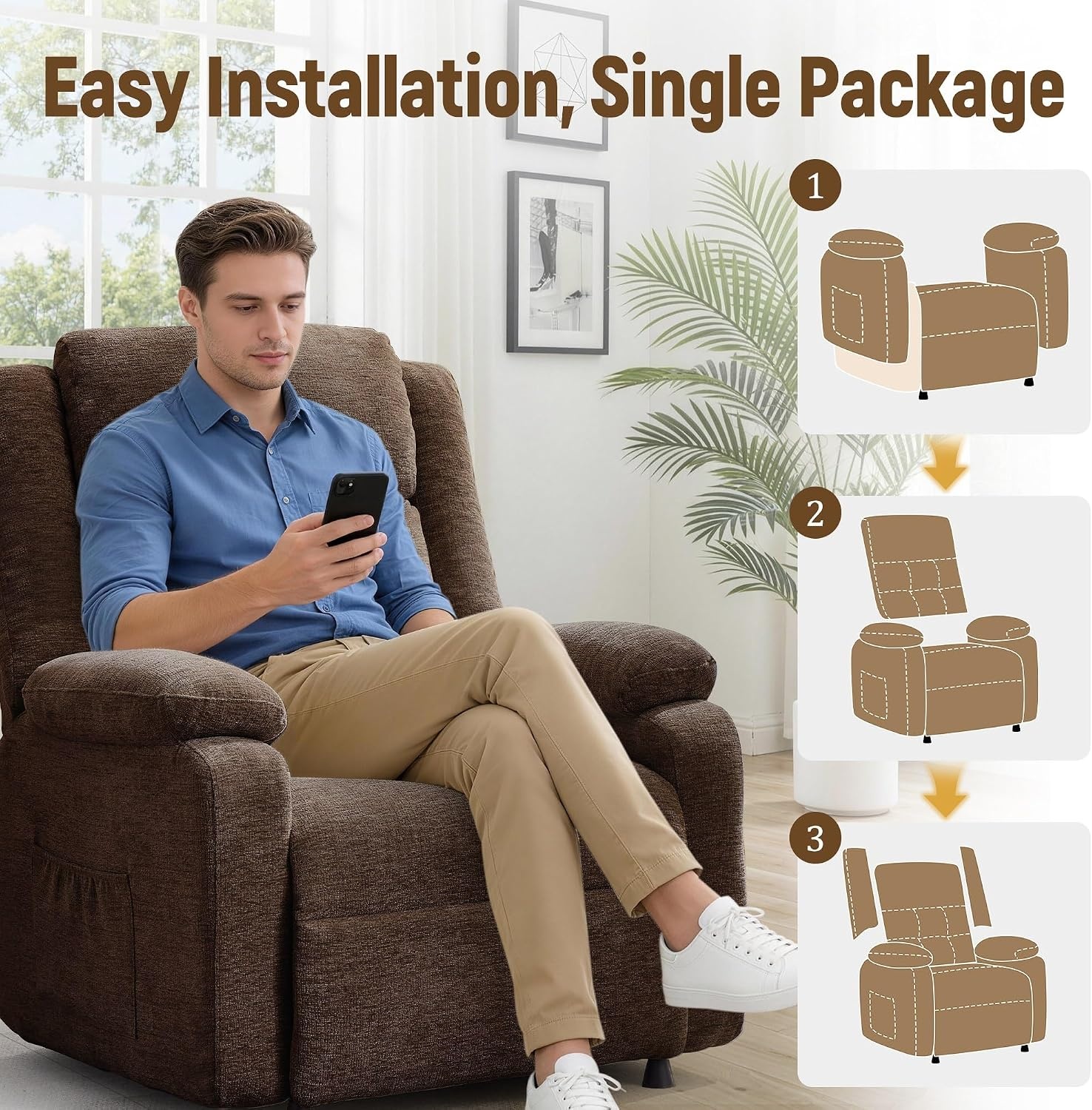 image:imageKorser Power Recliner Chair Living Room Chairs for Adults Oversized Electric Recliner with Side Pockets Chenille Fabric Reclining Chair for Living Room BedroomDarkbrown2