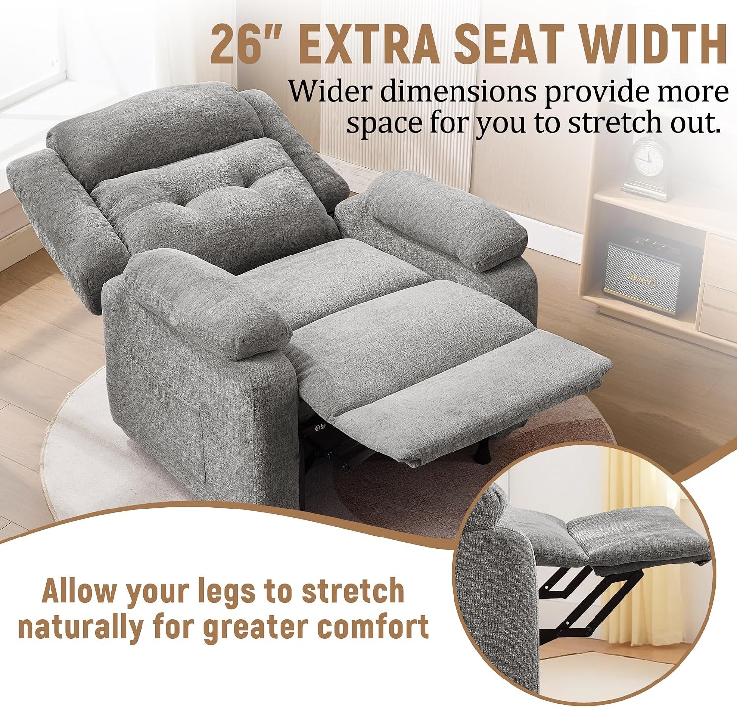 image:imageKorser Power Recliner Chair for Adults Oversized Electric Recliner with Thickened Cushions Chenille Fabric Reclining Chair for Living Room Bedroom GreyLightgray