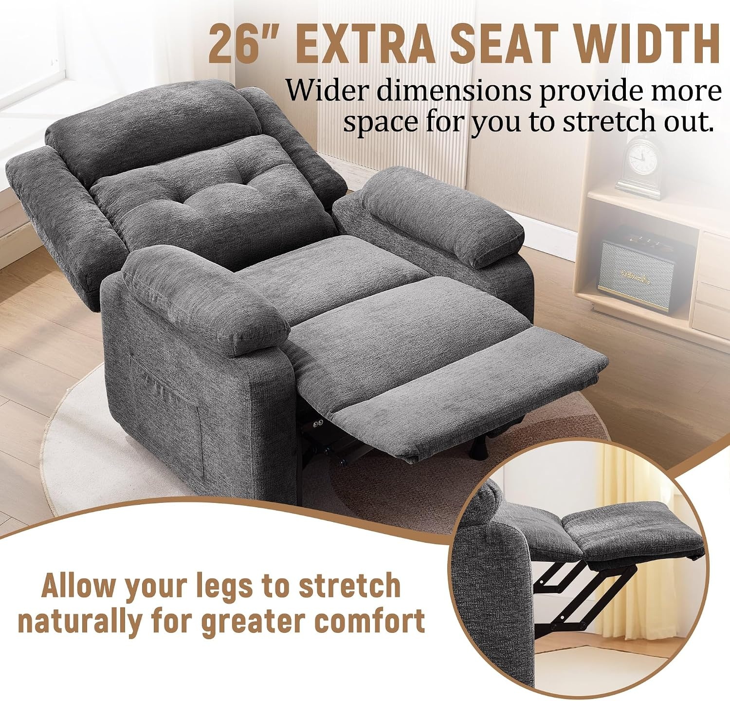 image:imageKorser Power Recliner Chair for Adults Oversized Electric Recliner with Thickened Cushions Chenille Fabric Reclining Chair for Living Room Bedroom GreyGrey