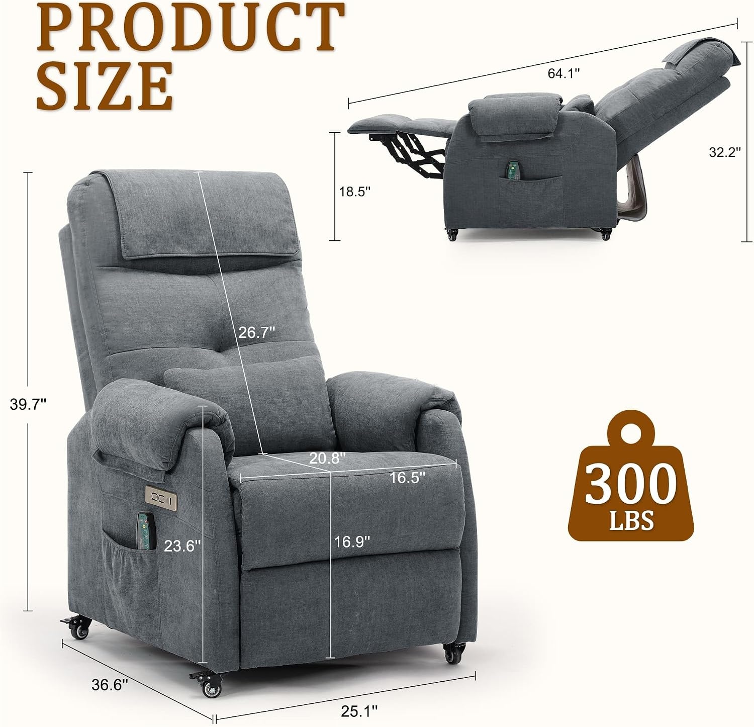 image:imageKorser Power Recliner Chair for Adults Recliner for Small Spaces with Rollers Electric Chair with Massage and Heat USB and TypeC Charge Port Fabric Recliner Chair for Living Room BedroomCharcial Grey