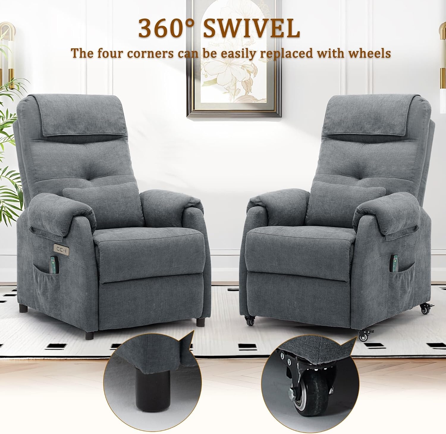image:imageKorser Power Recliner Chair for Adults Recliner for Small Spaces with Rollers Electric Chair with Massage and Heat USB and TypeC Charge Port Fabric Recliner Chair for Living Room BedroomCharcial Grey