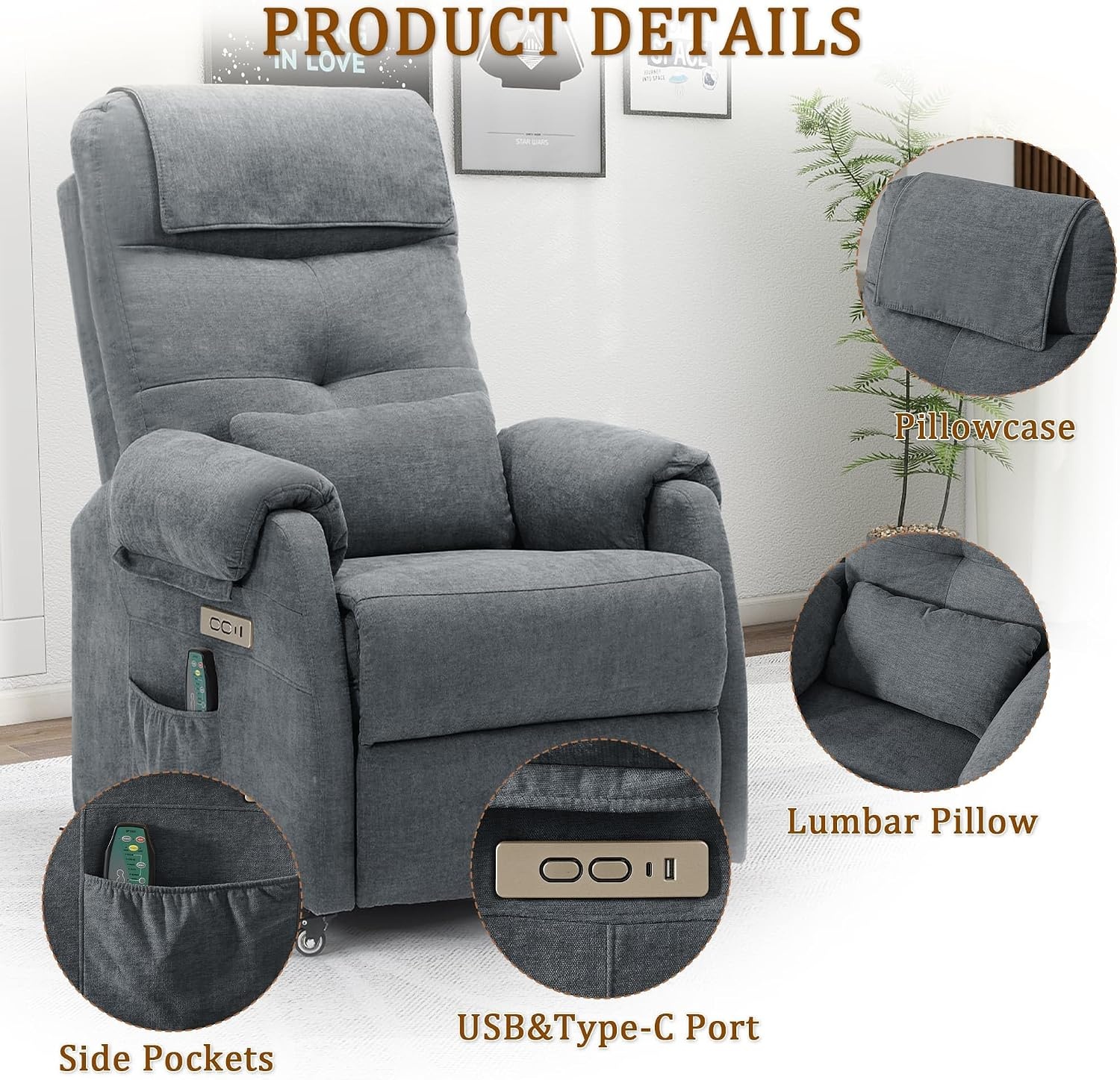 image:imageKorser Power Recliner Chair for Adults Recliner for Small Spaces with Rollers Electric Chair with Massage and Heat USB and TypeC Charge Port Fabric Recliner Chair for Living Room BedroomCharcial Grey