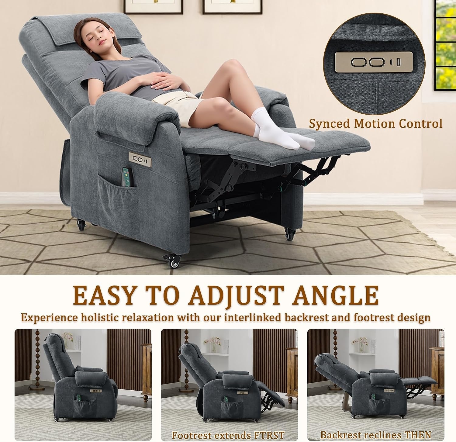 image:imageKorser Power Recliner Chair for Adults Recliner for Small Spaces with Rollers Electric Chair with Massage and Heat USB and TypeC Charge Port Fabric Recliner Chair for Living Room BedroomCharcial Grey