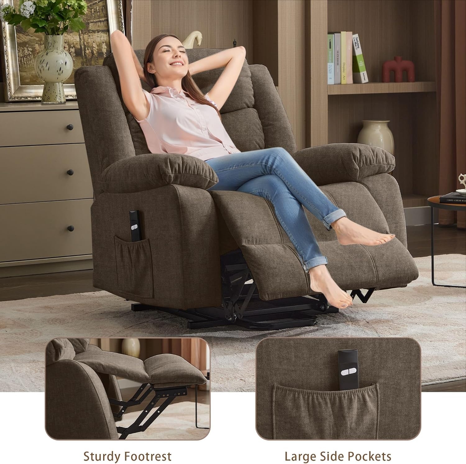 image:imageKorser Power Recliner Chair with Massage and Heating Power Lift Recliner Chair for Elderly and Adults Electric Recliner with Remote Control and Cup Holders for Living Room Linen Fabric BrownBrown