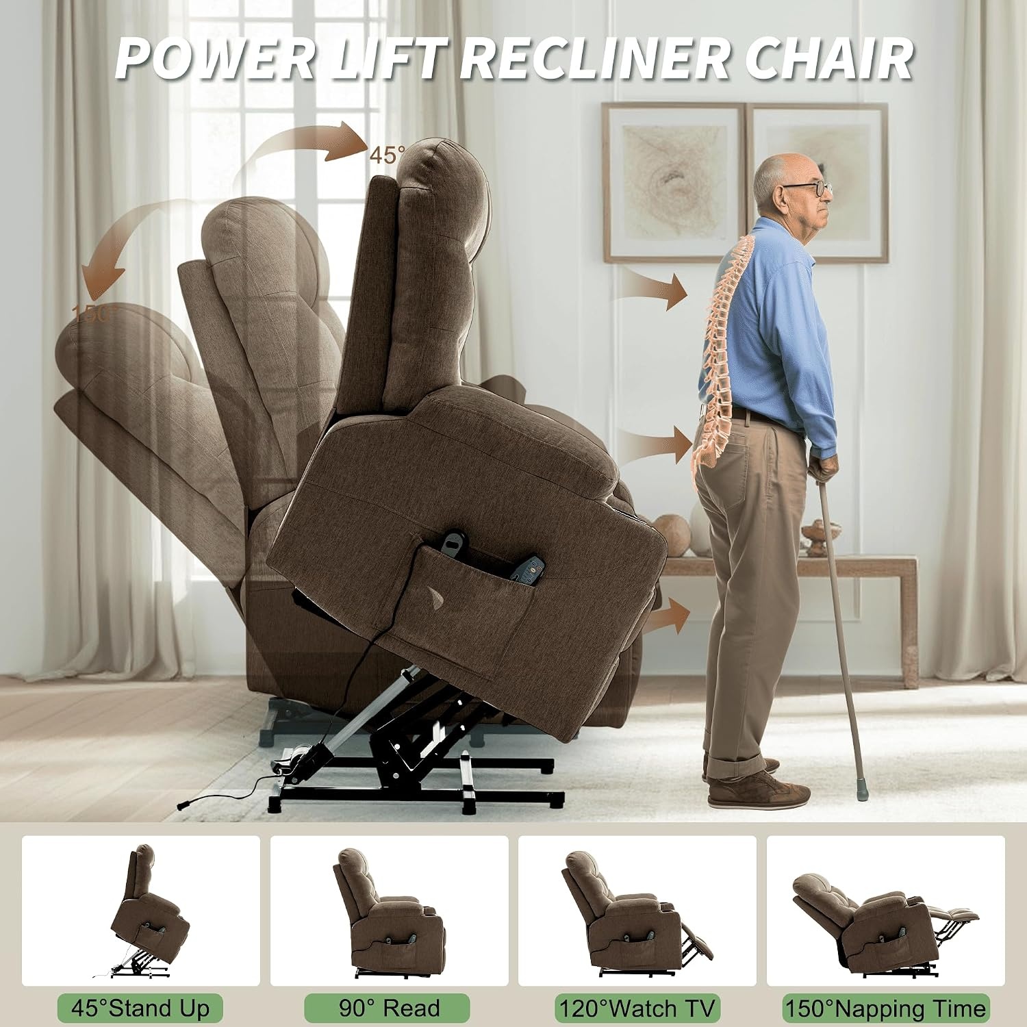 image:imageKorser Power Recliner Chair with Massage and Heating Power Lift Recliner Chair for Elderly and Adults Electric Recliner with Remote Control and Cup Holders for Living Room Linen Fabric BrownBrown