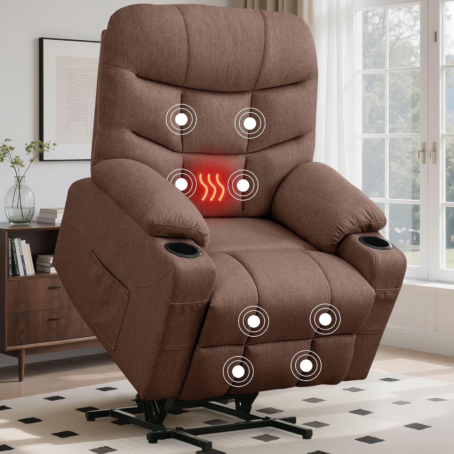 image:imageKorser Power Recliner Chair with Massage and Heating Power Lift Recliner Chair for Elderly and Adults Electric Recliner with Remote Control and Cup Holders for Living Room Linen Fabric BrownBrown