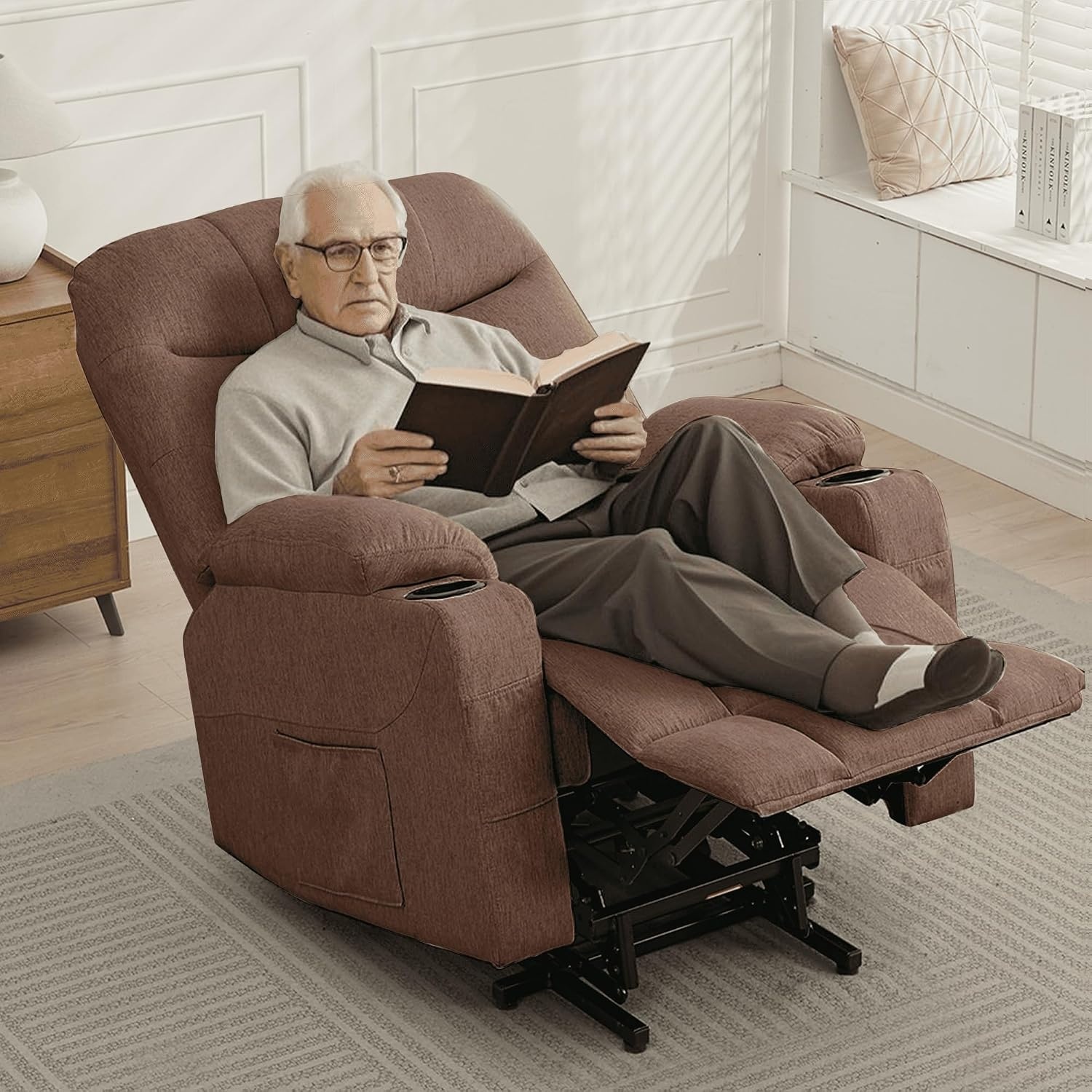 image:imageKorser Power Recliner Chair with Massage and Heating Power Lift Recliner Chair for Elderly and Adults Electric Recliner with Remote Control and Cup Holders for Living Room Linen Fabric BrownBrown