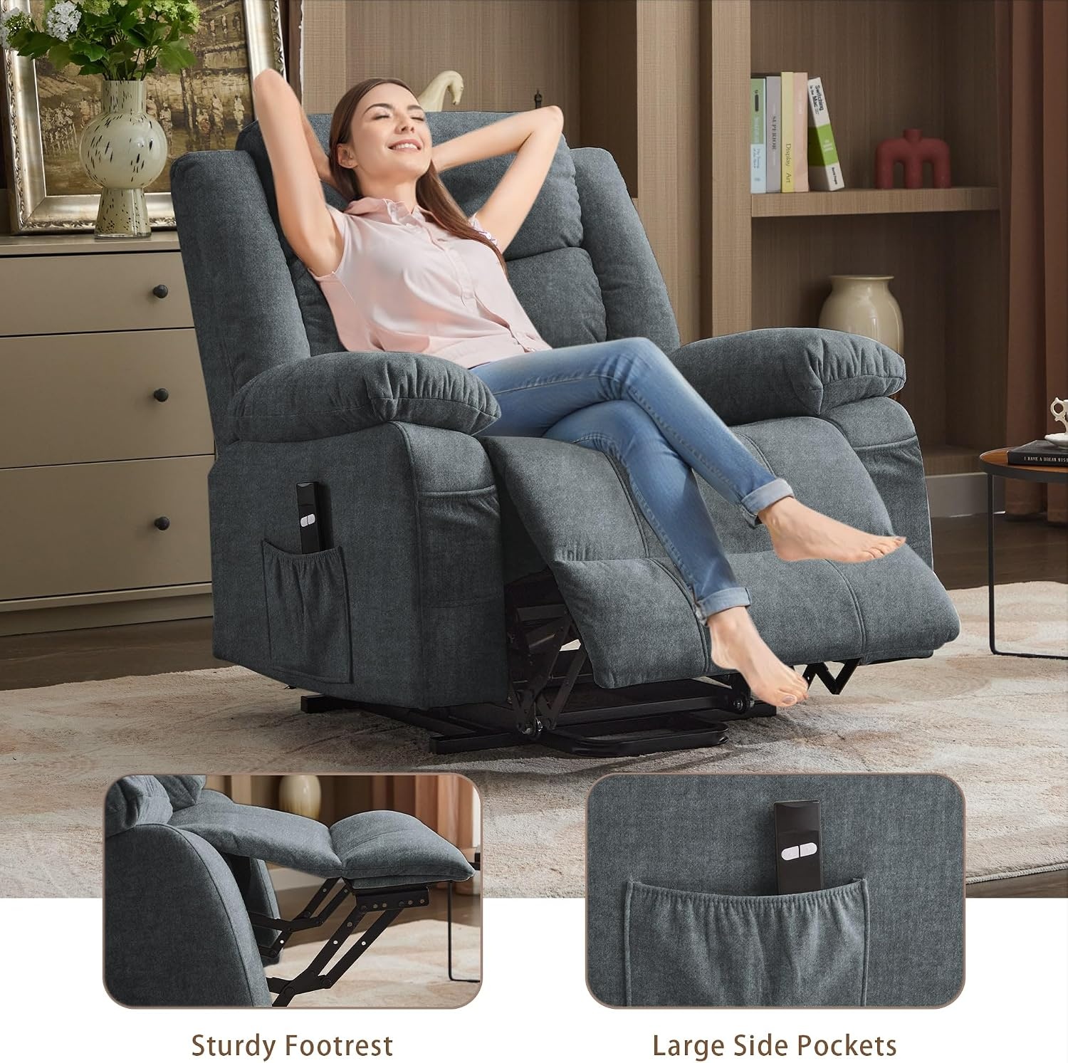 image:imageKorser Power Recliner Chair with Massage and Heating Power Lift Recliner Chair for Elderly and Adults Electric Recliner with Remote Control and Cup Holders for Living Room Linen Fabric BrownLeaden Grey