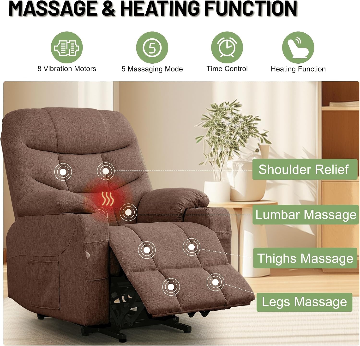 image:imageKorser Power Recliner Chair with Massage and Heating Power Lift Recliner Chair for Elderly and Adults Electric Recliner with Remote Control and Cup Holders for Living Room Linen Fabric BrownBrown