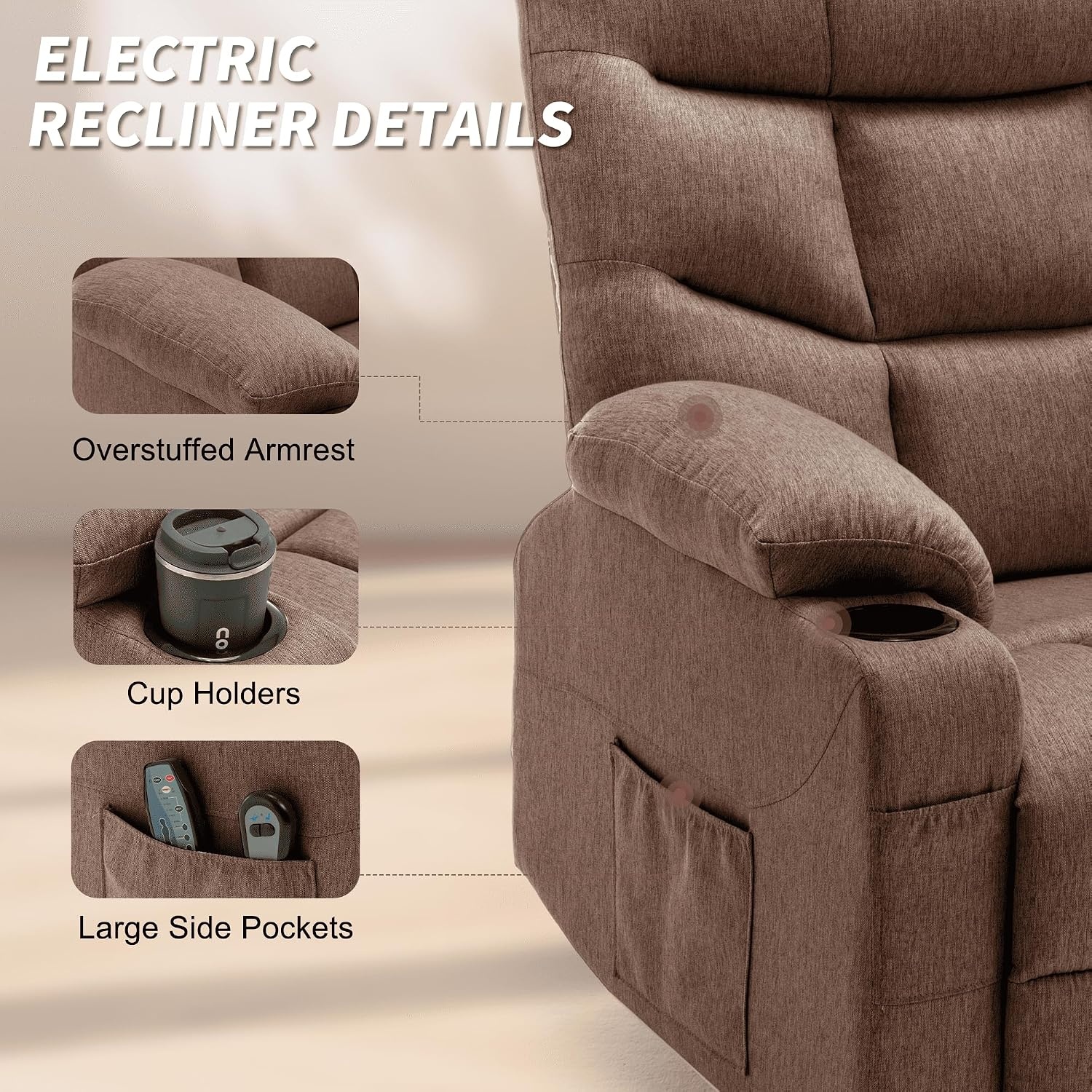image:imageKorser Power Recliner Chair with Massage and Heating Power Lift Recliner Chair for Elderly and Adults Electric Recliner with Remote Control and Cup Holders for Living Room Linen Fabric BrownBrown