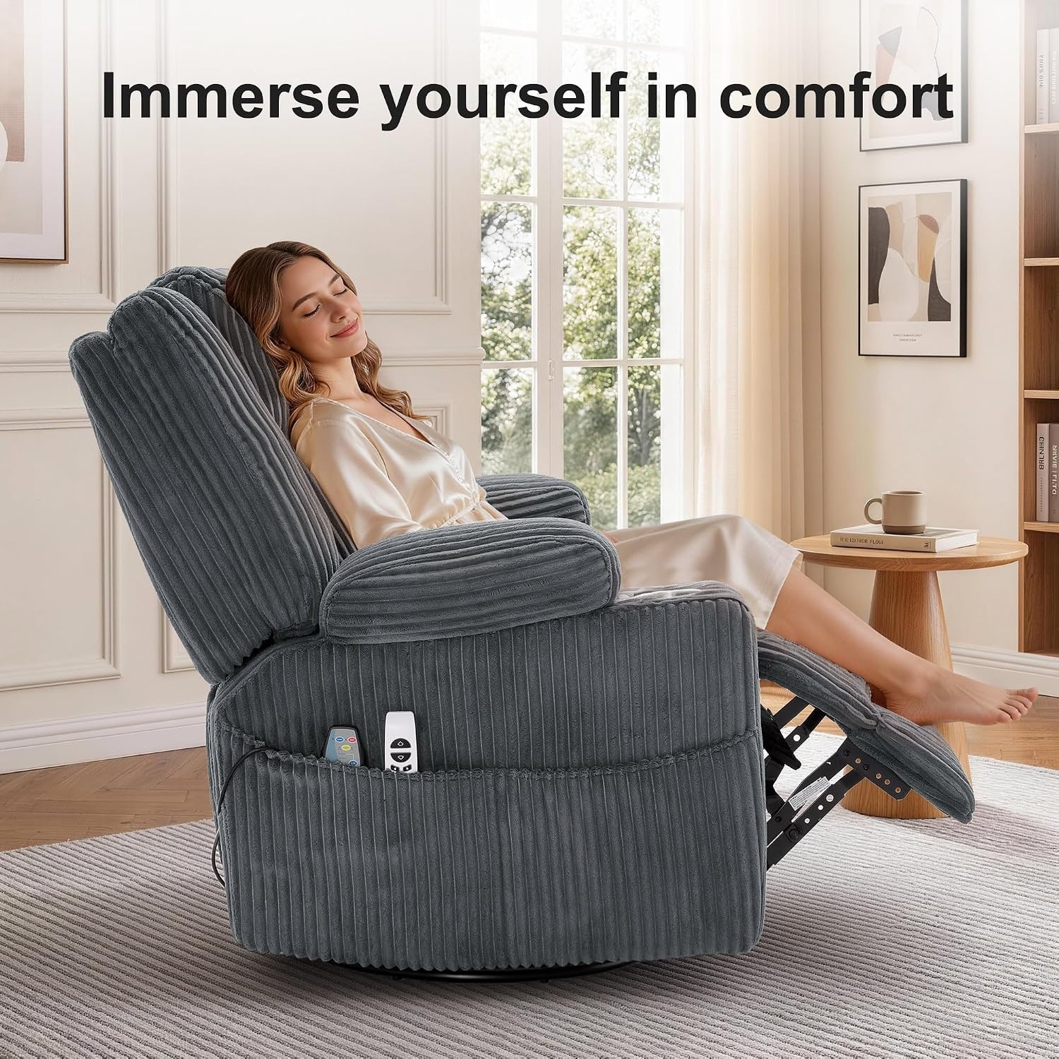image:imageKorser Power Swivel Rocker Recliner with Dual Motor Adjustable Headrest for Adults Oversized 24 Wide Seat Glider Rocking Chair with Massage amp Heat Corduroy Electric Recliner with USBampTypeC BeigeCharcoal Grey