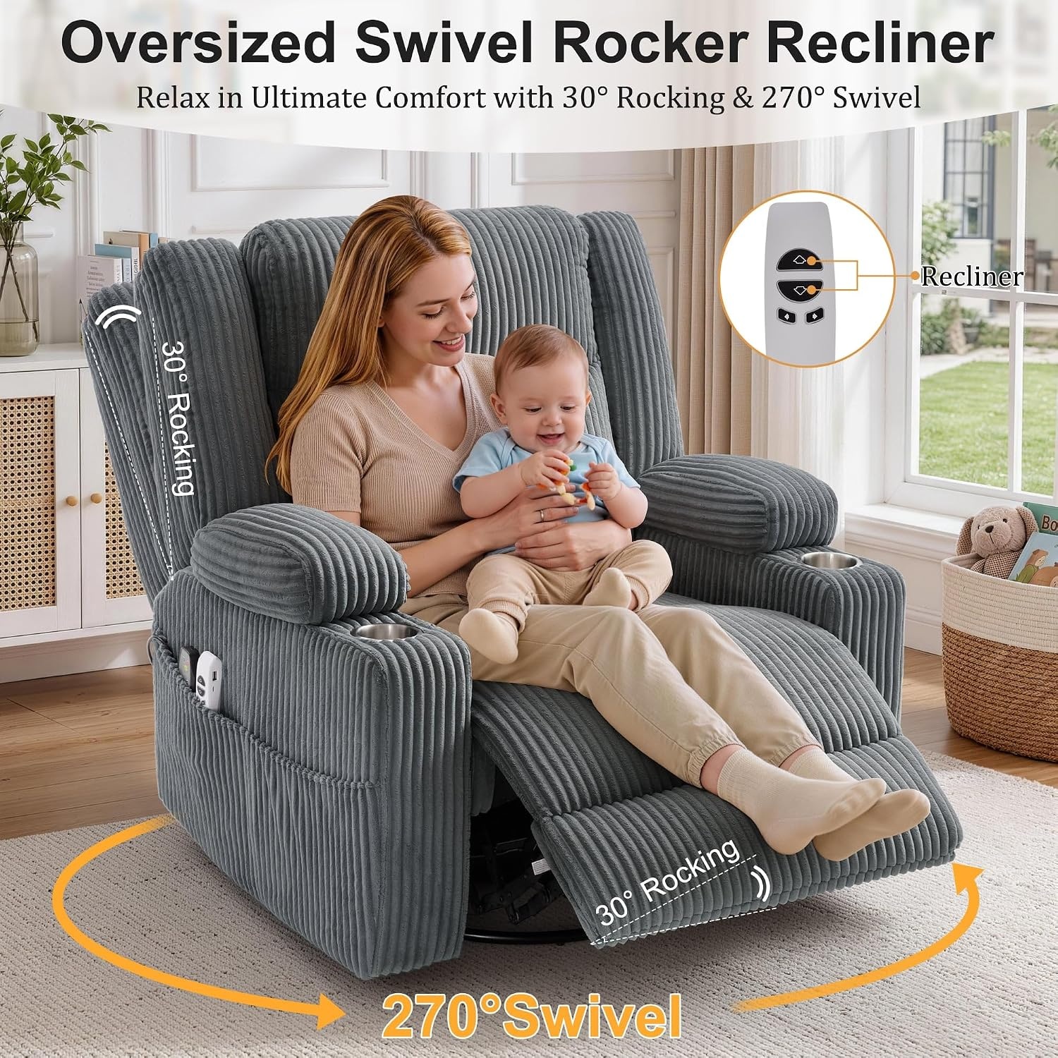 image:imageKorser Power Swivel Rocker Recliner with Dual Motor Adjustable Headrest for Adults Oversized 24 Wide Seat Glider Rocking Chair with Massage amp Heat Corduroy Electric Recliner with USBampTypeC BeigeCharcoal Grey