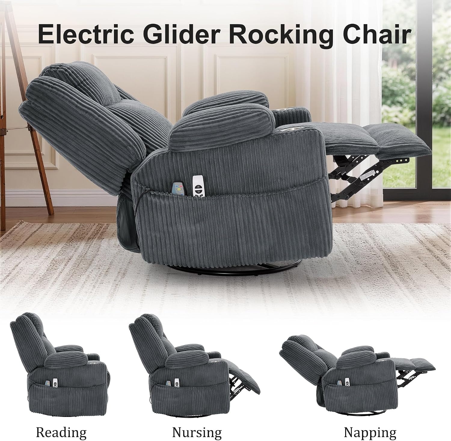 image:imageKorser Power Swivel Rocker Recliner with Dual Motor Adjustable Headrest for Adults Oversized 24 Wide Seat Glider Rocking Chair with Massage amp Heat Corduroy Electric Recliner with USBampTypeC BeigeCharcoal Grey