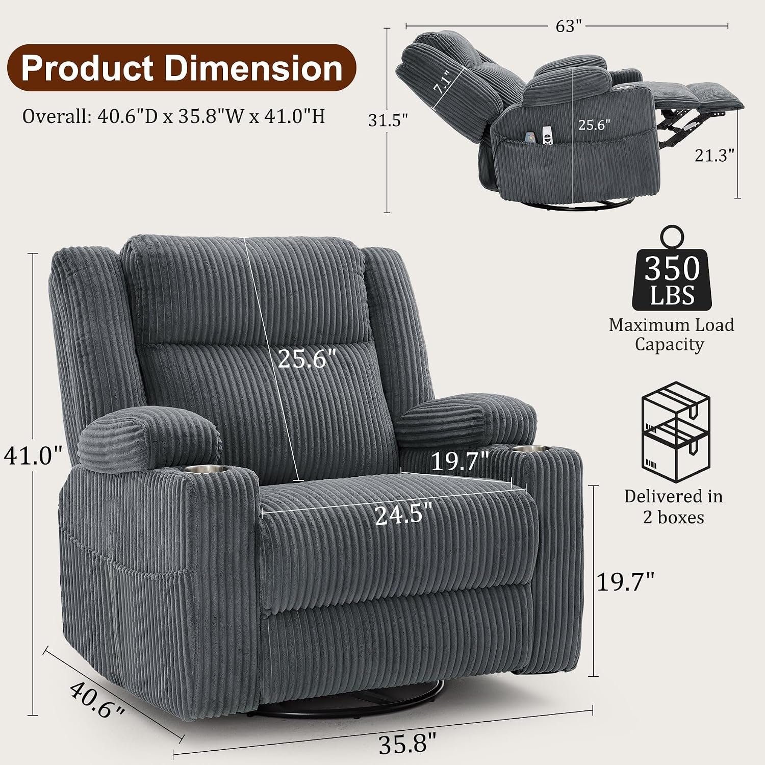image:imageKorser Power Swivel Rocker Recliner with Dual Motor Adjustable Headrest for Adults Oversized 24 Wide Seat Glider Rocking Chair with Massage amp Heat Corduroy Electric Recliner with USBampTypeC BeigeCharcoal Grey