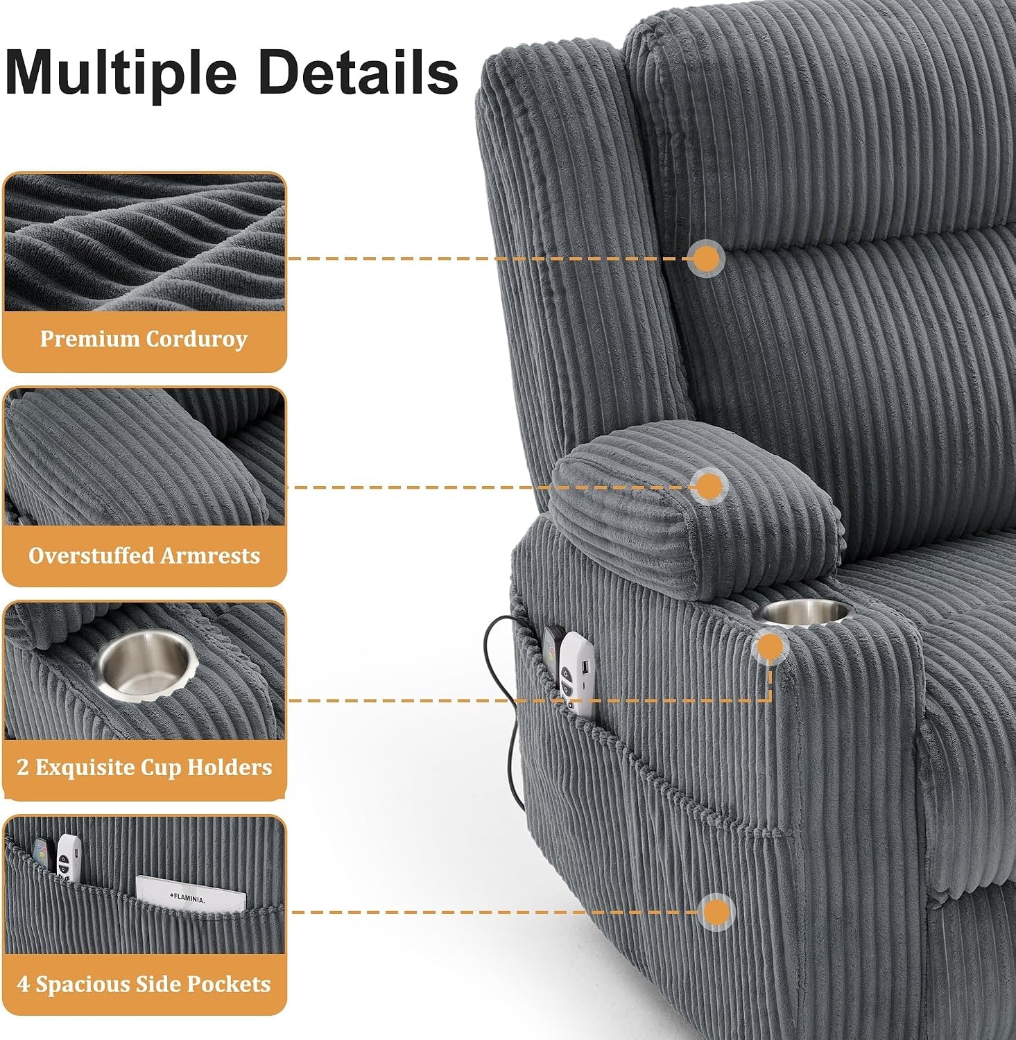 image:imageKorser Power Swivel Rocker Recliner with Dual Motor Adjustable Headrest for Adults Oversized 24 Wide Seat Glider Rocking Chair with Massage amp Heat Corduroy Electric Recliner with USBampTypeC BeigeCharcoal Grey