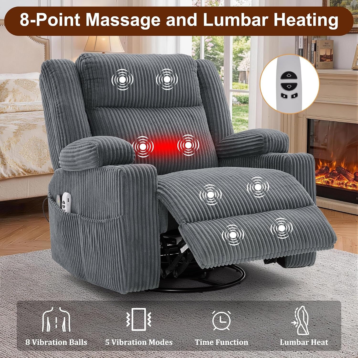image:imageKorser Power Swivel Rocker Recliner with Dual Motor Adjustable Headrest for Adults Oversized 24 Wide Seat Glider Rocking Chair with Massage amp Heat Corduroy Electric Recliner with USBampTypeC BeigeCharcoal Grey