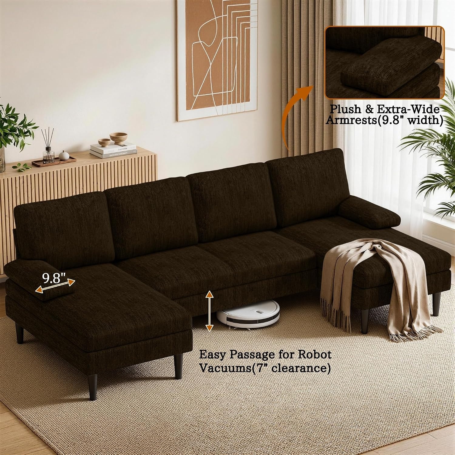 image:imageKorser UShaped Sectional Couches for Living Room 101 Inch Modern Modular Sofa with Double Chaise Lounge Comfy Chenille Fabric 4Seat Couch Set for Apartment BeigeBrown