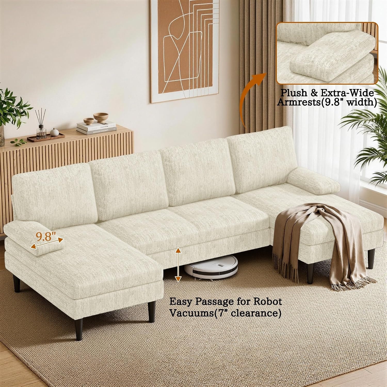 image:imageKorser UShaped Sectional Couches for Living Room 101 Inch Modern Modular Sofa with Double Chaise Lounge Comfy Chenille Fabric 4Seat Couch Set for Apartment BeigeBeige
