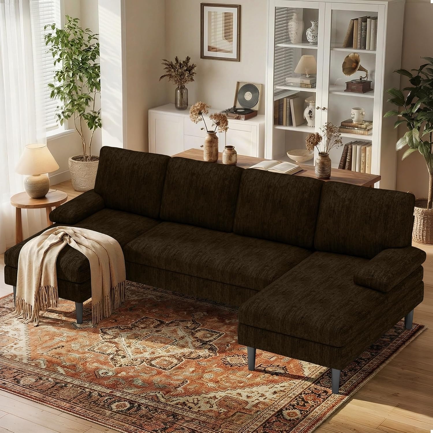 image:imageKorser UShaped Sectional Couches for Living Room 101 Inch Modern Modular Sofa with Double Chaise Lounge Comfy Chenille Fabric 4Seat Couch Set for Apartment BeigeBrown