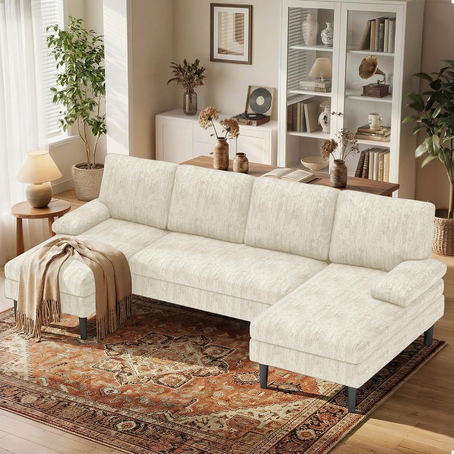 image:imageKorser UShaped Sectional Couches for Living Room 101 Inch Modern Modular Sofa with Double Chaise Lounge Comfy Chenille Fabric 4Seat Couch Set for Apartment BeigeBeige