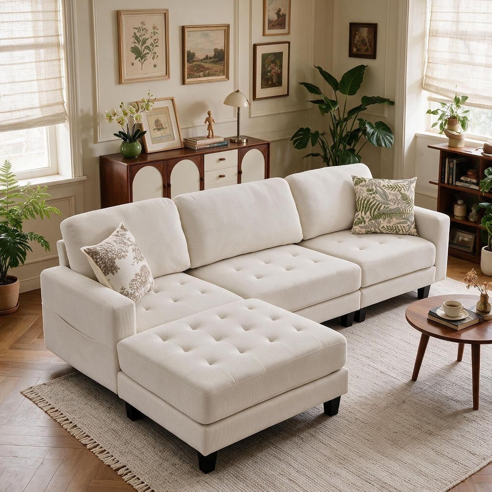 image:imageKorser 103 Modular L Shaped Sectional Sofa with Movable Ottoman 4Seat Chenille Deep Seat Sofa Convertible Cloud Couch for Living Room Bedroom and Apartment BeigeBeige