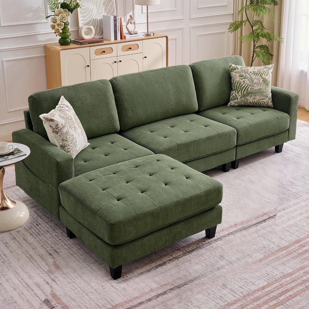 image:imageKorser 103 Modular L Shaped Sectional Sofa with Movable Ottoman 4Seat Chenille Deep Seat Sofa Convertible Cloud Couch for Living Room Bedroom and Apartment BeigeGreen