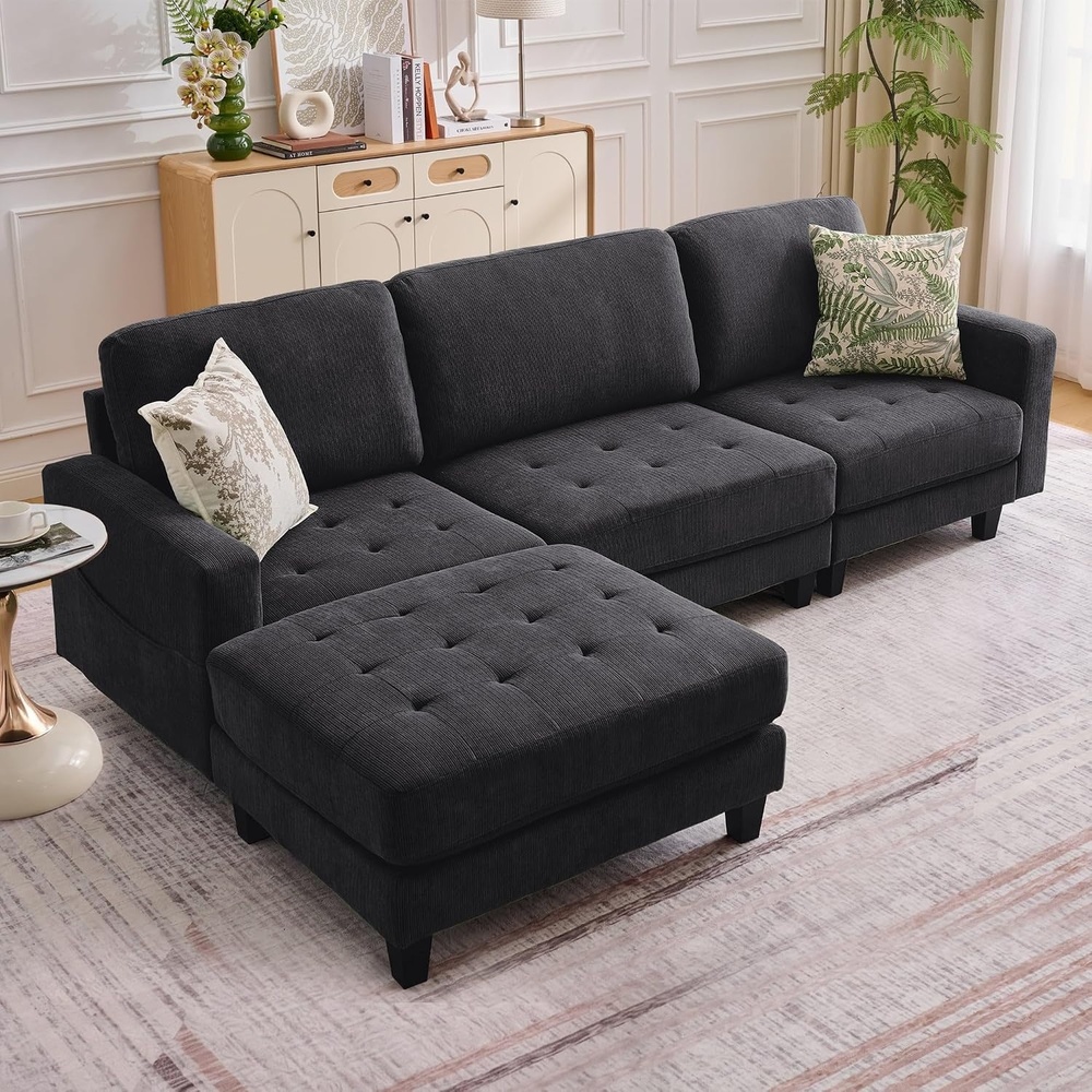 image:imageKorser 103 Modular L Shaped Sectional Sofa with Movable Ottoman 4Seat Chenille Deep Seat Sofa Convertible Cloud Couch for Living Room Bedroom and Apartment BeigeBlack