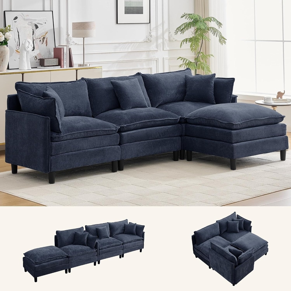 image:imageKorser 105 LShaped Modular Sectional Sofa 3Seater Cloud Couch with 1 Movable Ottoman Modern Chenille Sofa Set with Removable Washable Pillows for Living Room Bedroom ApartmentBlue