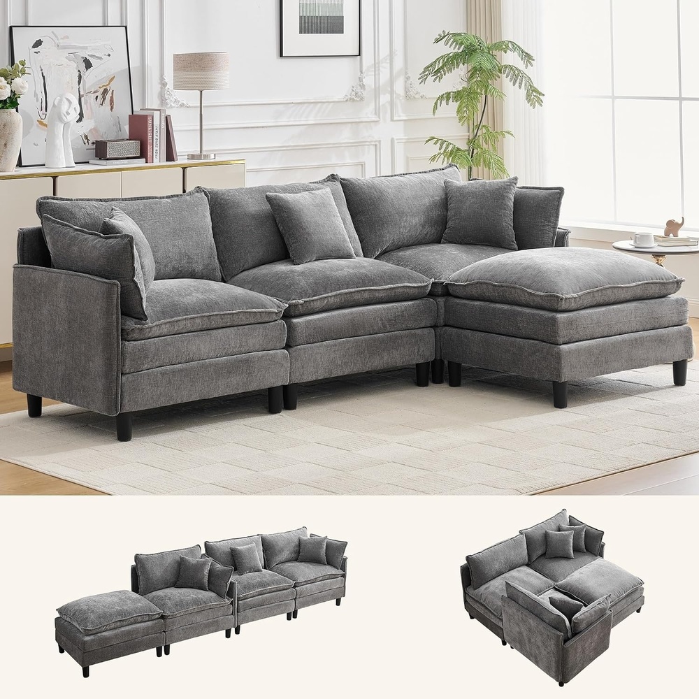 image:imageKorser 105 LShaped Modular Sectional Sofa 3Seater Cloud Couch with 1 Movable Ottoman Modern Chenille Sofa Set with Removable Washable Pillows for Living Room Bedroom ApartmentGrey