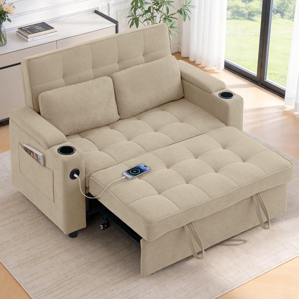 image:imageKorser 555 3in1 Convertible Sofa Bed Pull Out Couch with 5Position Adjustable Backrest Loveseat Sleeper Sofa for Small Spaces Sofa Couch with Cup Holders for Living Room Office ChenilleKhaki