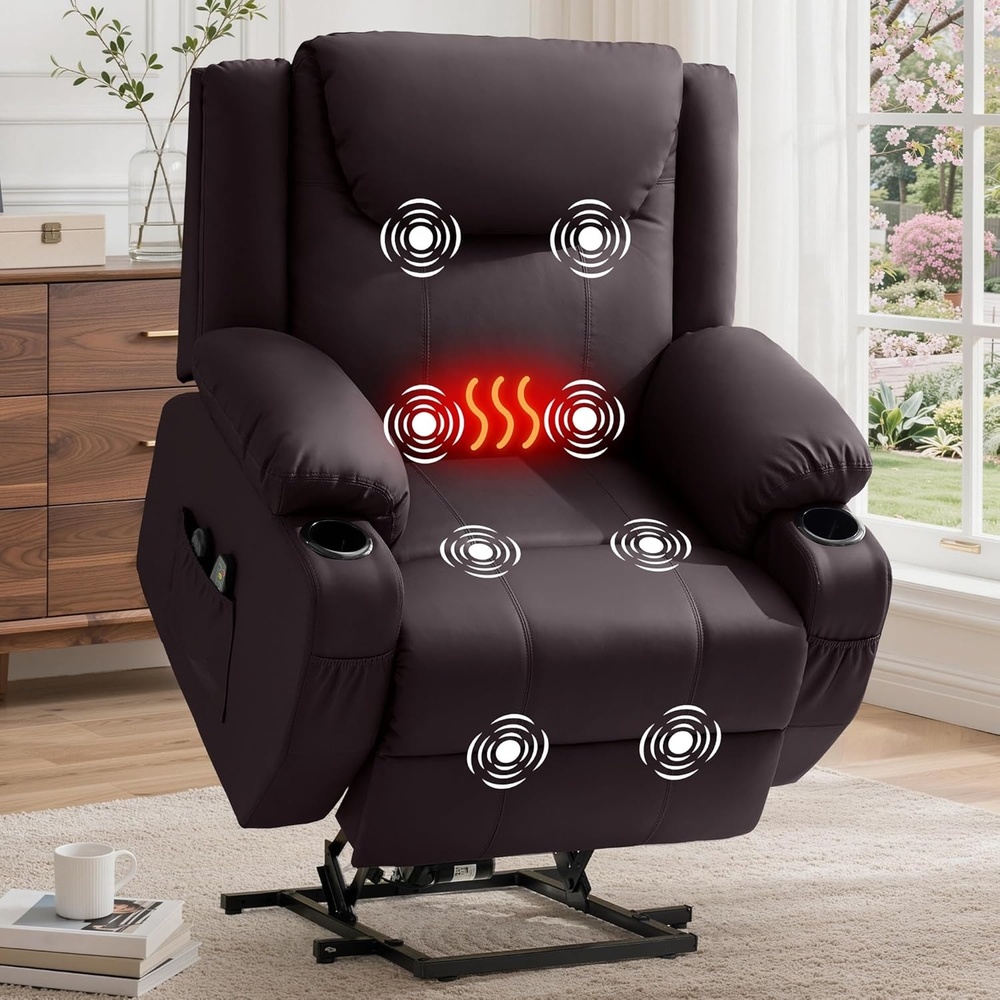image:imageKorser Oversized Power Lift Recliner Chair with Massage and Heat for Elderly 26 Overstuffed Wide Electric Recliner with 2 Side Pockets Cup Holders Lift Chair for Living Room Faux Leather BrownLuxury Brown