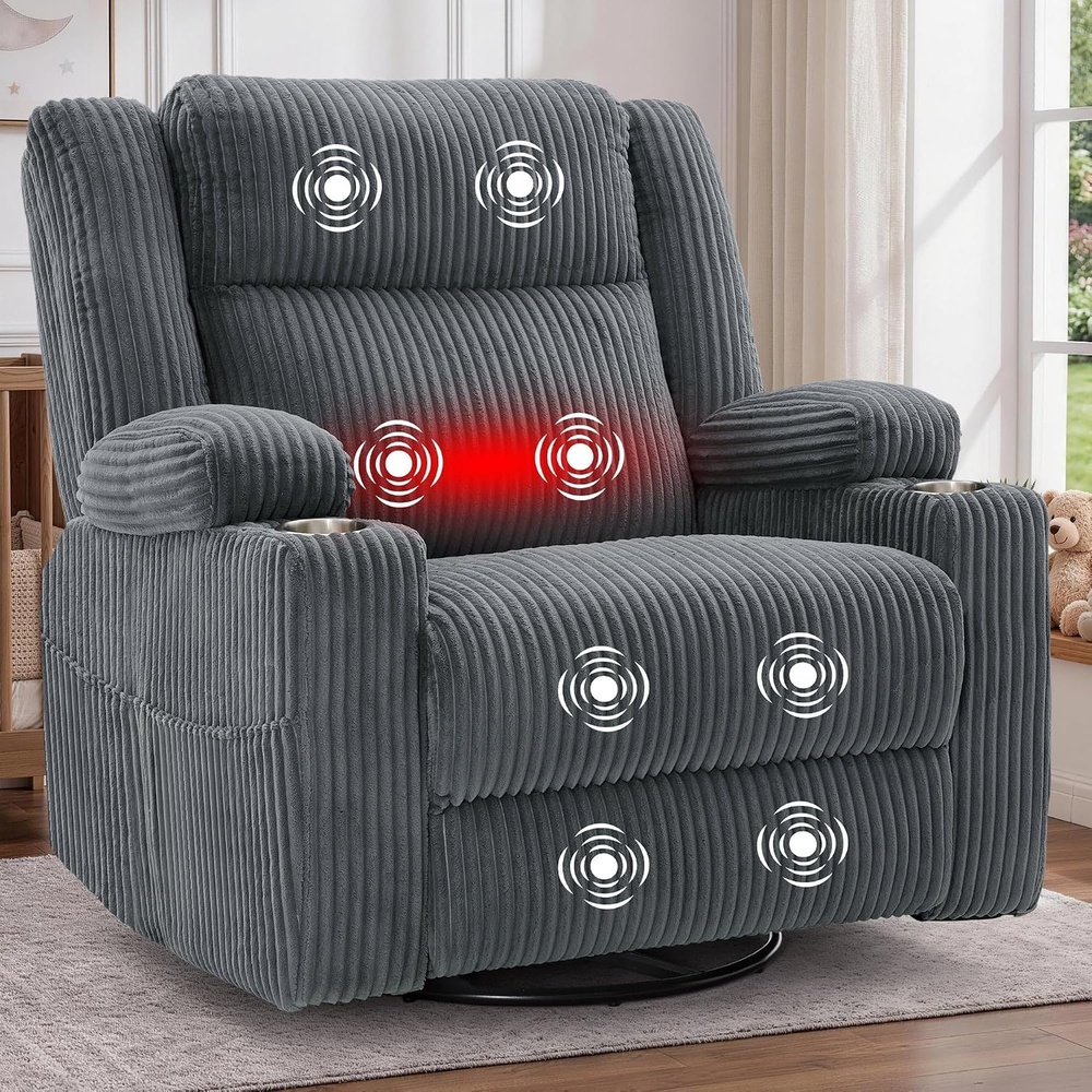 image:imageKorser Power Swivel Rocker Recliner with Dual Motor Adjustable Headrest for Adults Oversized 24 Wide Seat Glider Rocking Chair with Massage amp Heat Corduroy Electric Recliner with USBampTypeC BeigeCharcoal Grey