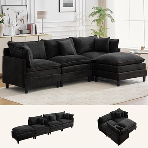 Korser 105″ L-Shaped Modular Sectional Sofa, 3-Seater Cloud Couch with 1 Movable Ottoman, Modern Chenille Sofa Set with Removable Washable Pillows for Living Room, Bedroom, Apartment(Black)