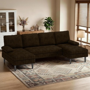 Korser U-Shaped Sectional Couches for Living Room, 101 Inch Modern Modular Sofa with Double Chaise Lounge, Comfy Chenille Fabric 4-Seat Couch Set for Apartment, Beige(Brown)