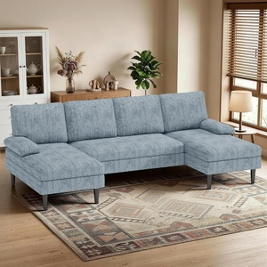 Korser U-Shaped Sectional Couches for Living Room, 101 Inch Modern Modular Sofa with Double Chaise Lounge, Comfy Chenille Fabric 4-Seat Couch Set for Apartment, Beige(Pewter)