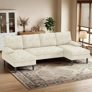 Korser U-Shaped Sectional Couches for Living Room, 101 Inch Modern Modular Sofa with Double Chaise Lounge, Comfy Chenille Fabric 4-Seat Couch Set for Apartment, Beige(Beige)